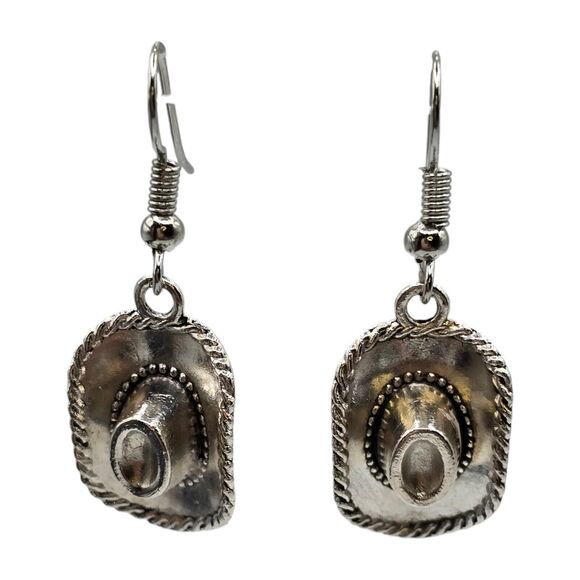 Pierced Cowboy Cowgirl Hats Earrings Rope Edged Fun Novelty Dangle Silver Tone - Picture 1 of 6